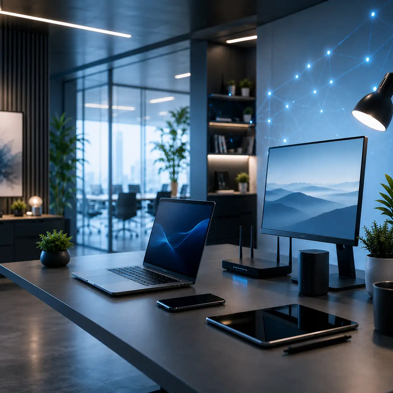 Moderner Arbeitsplatz mit Laptop, Monitor und Netzwerkgeräten