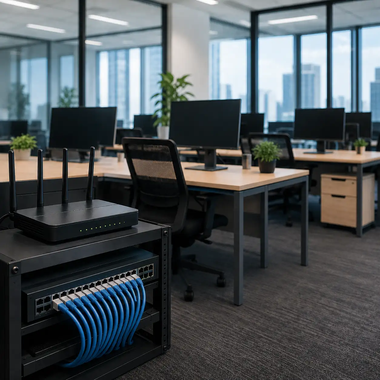 Modernes Büro mit vernetzter IT-Infrastruktur